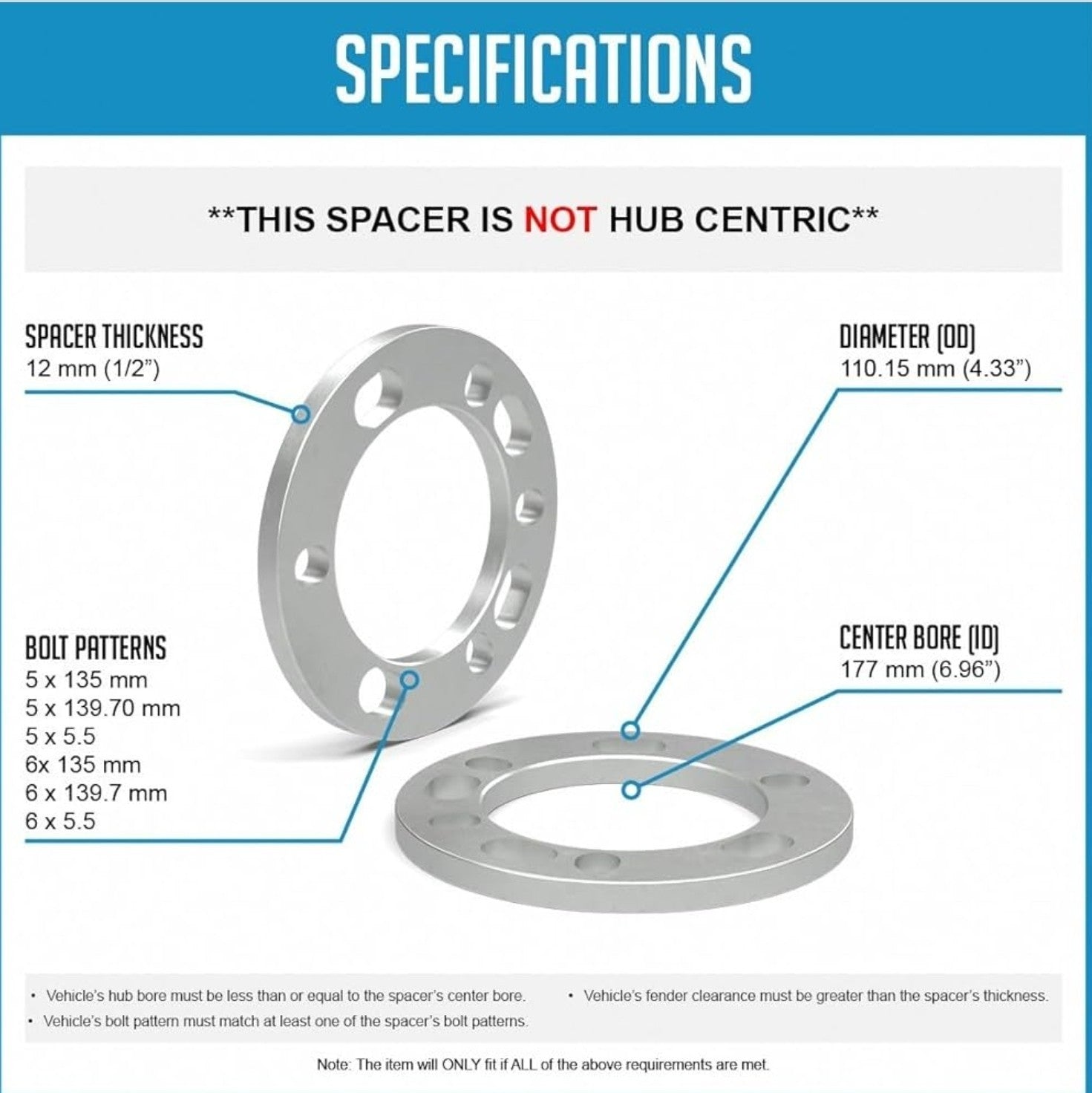 1/2 inch (12mm) 5x5.5 and 6x5.5 Wheel Spacers Compatible with 1/2 inch thick