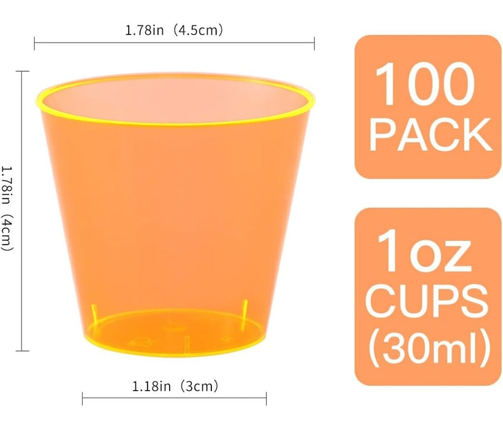 100ct 1 oz Disposable Hard Plastic Shot Glasses Jello Cups Iridescent Neon Party