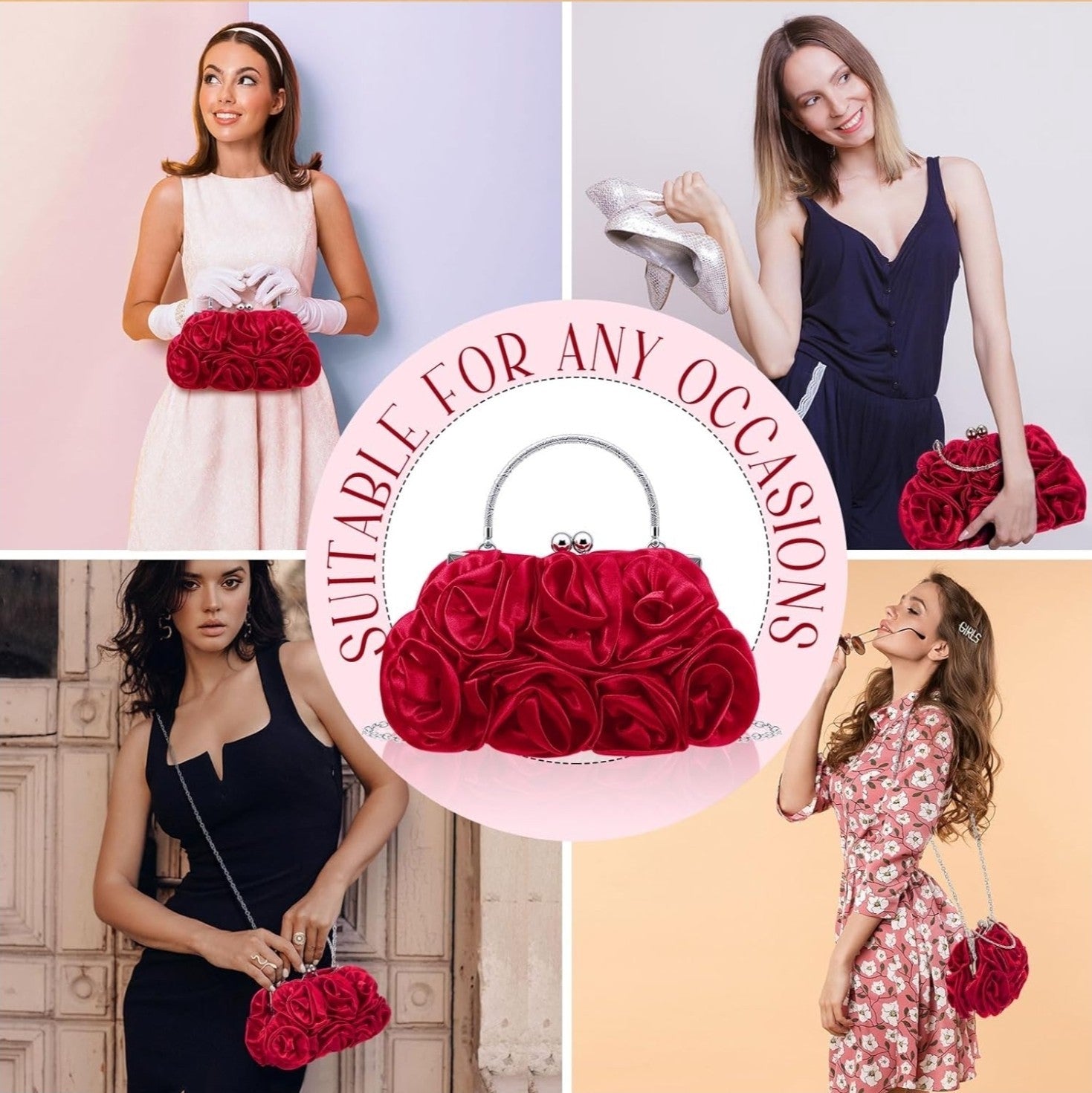 Women Evening Clutch, Small Floral Satin Purse with Detachable Strap for Moth...
