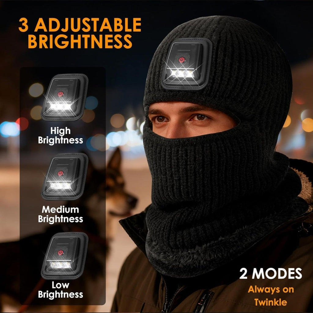 Winter Balaclava Hat with LED Light, Ski Mask Full Face Warmer Fleece Lined