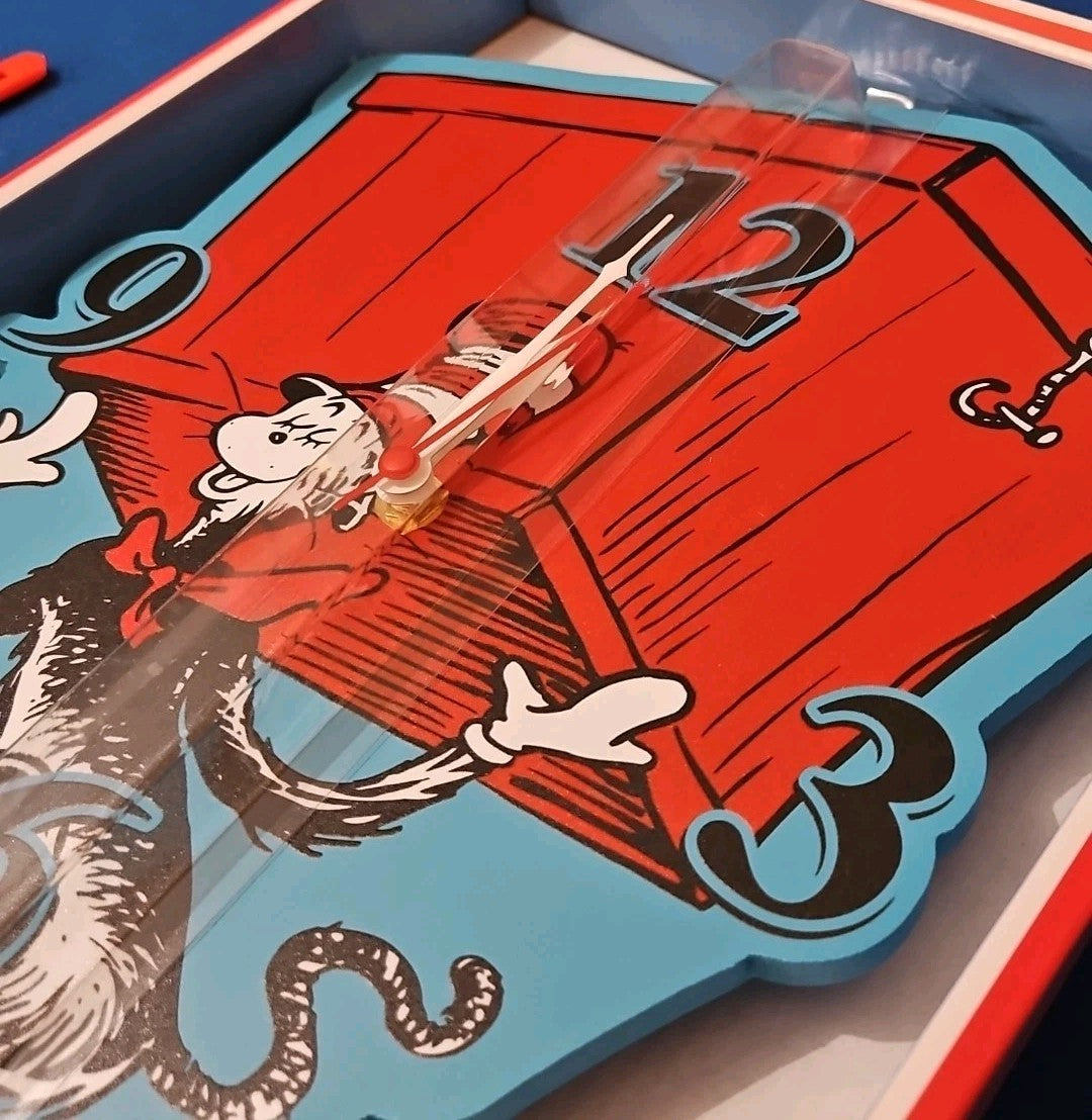 Dr. Seuss Cat In The Hat Red Box Wall Clock For Any Room Brand New Open-Box