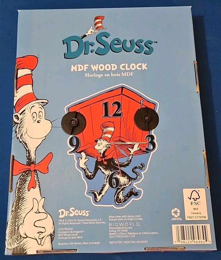 Dr. Seuss Cat In The Hat Red Box Wall Clock For Any Room Brand New Open-Box