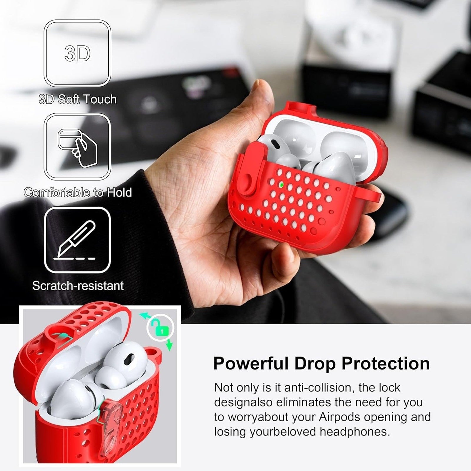 RFUNGUANGO AirPods Pro Second Generation Protective Case- Pure Red