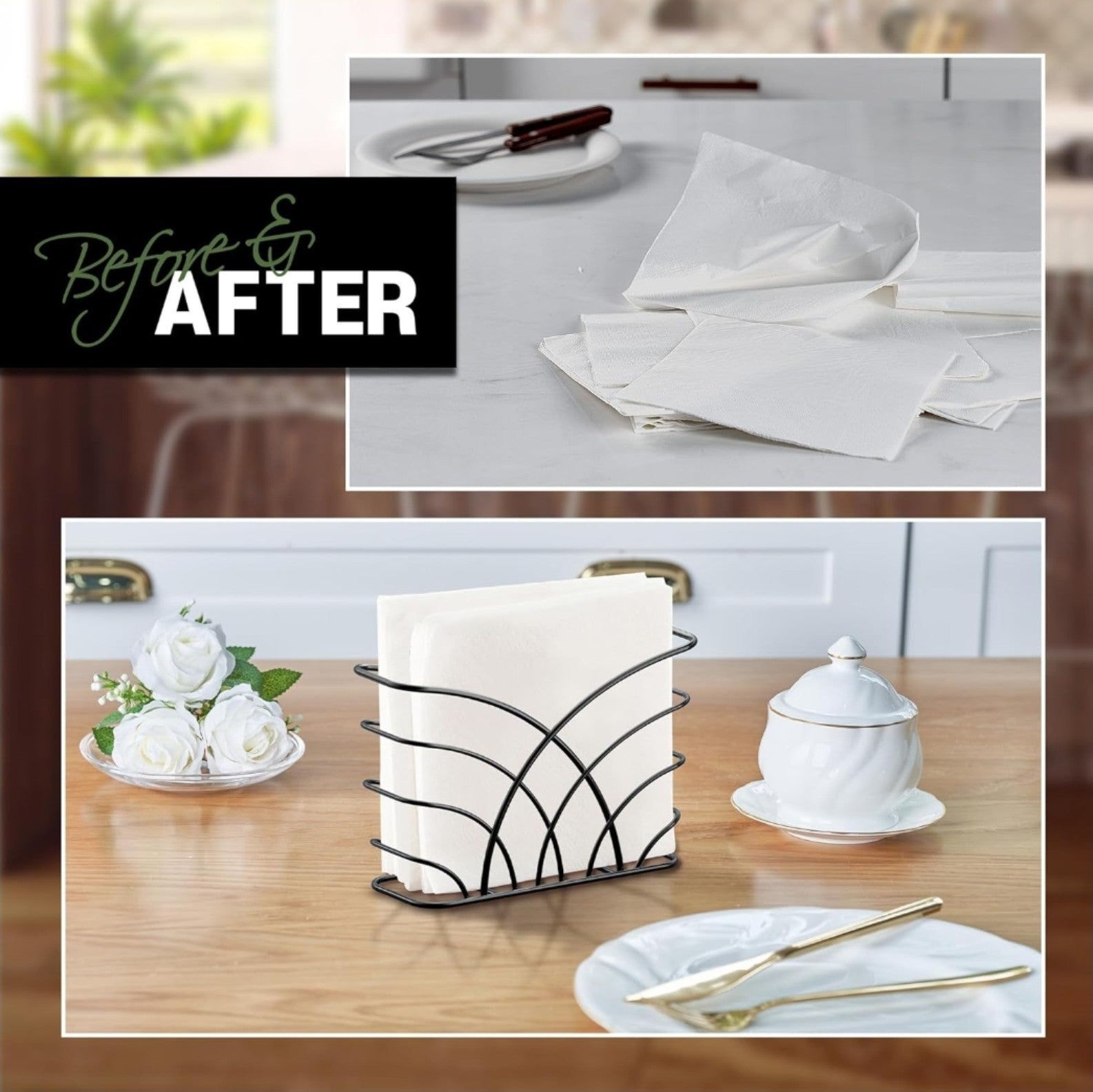 Napkin Holder for Table – Black Iron Upright Napkin Dispenser for Paper Napki...