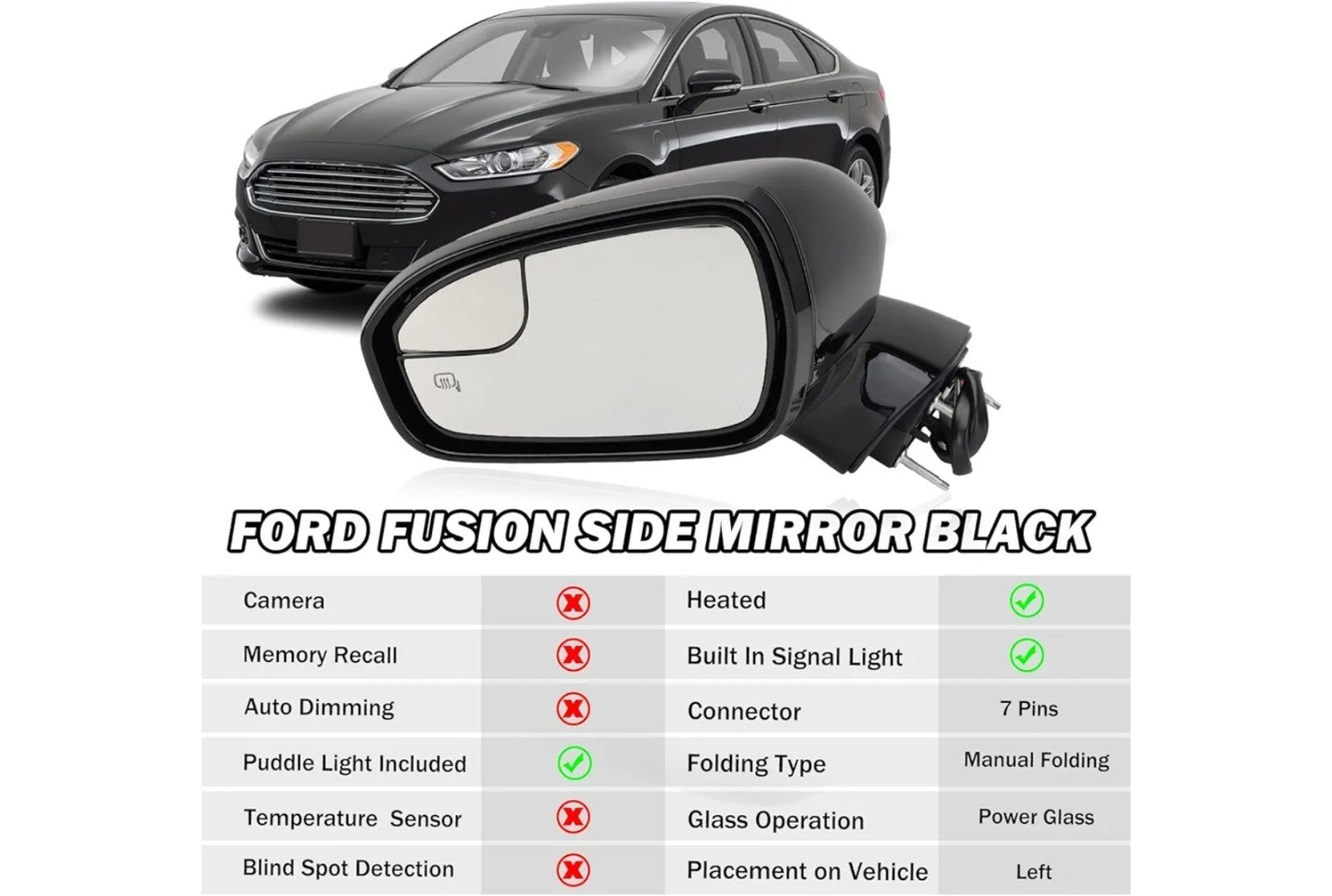 Left Driver Side Black 7 Pin Mirror for 2013 2014 2015 2016 Ford Fusion Sedan S