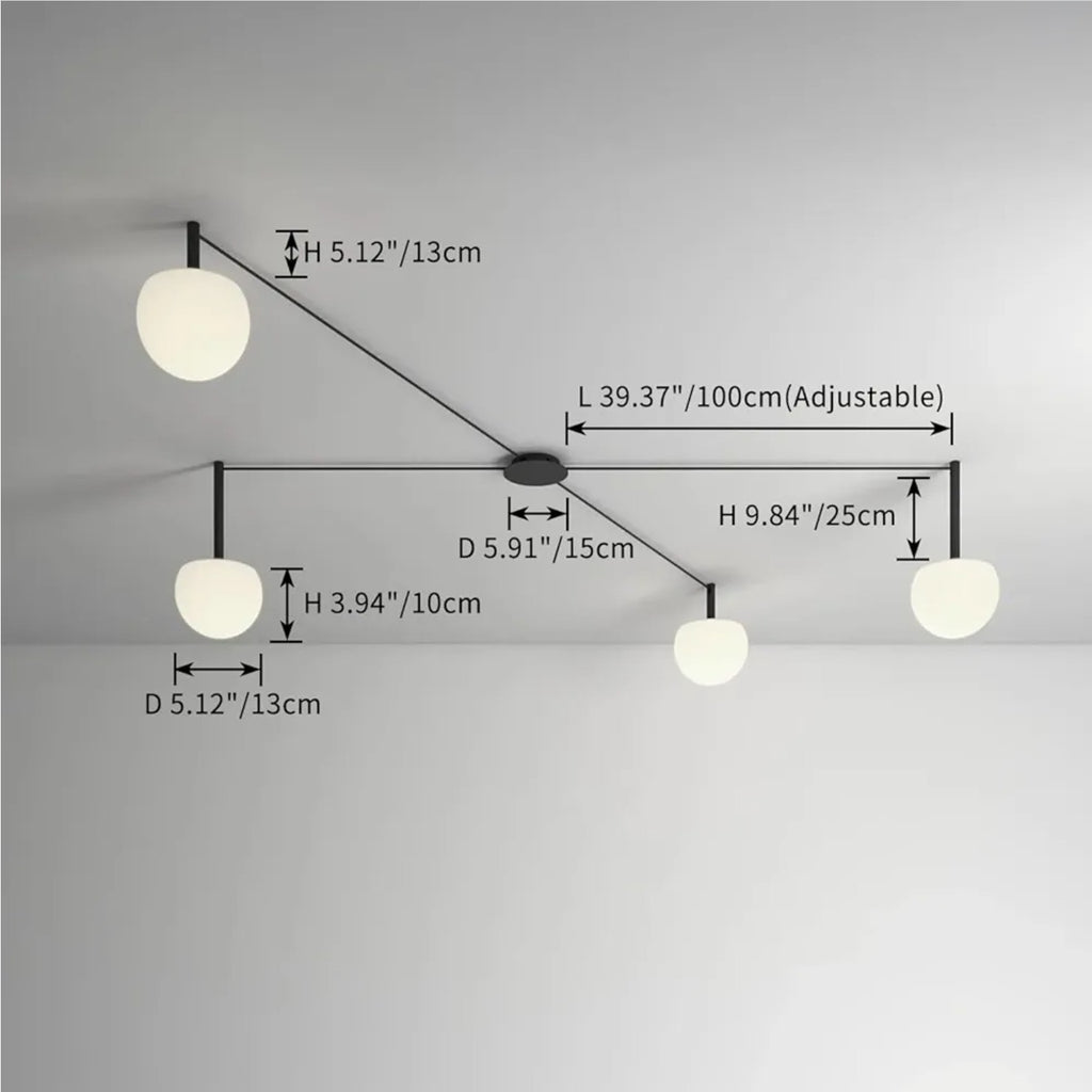 4-Light Black Glass semi Embedded Ceiling Light Suitable for Living Rooms, bedro