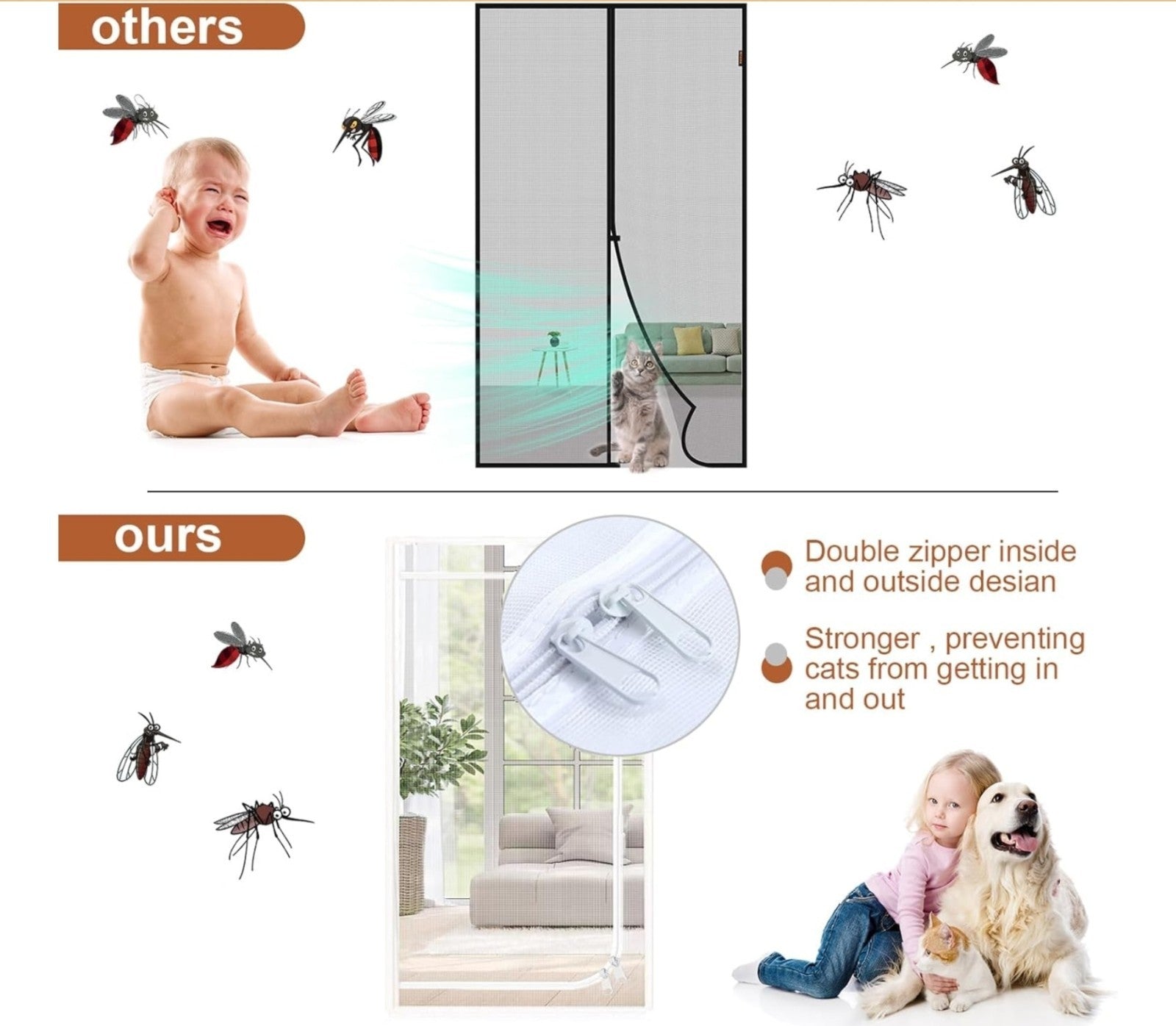 Reinforced Cat Screen Door 36"x80" Heavy Duty Pets Proof Zipper White Fits