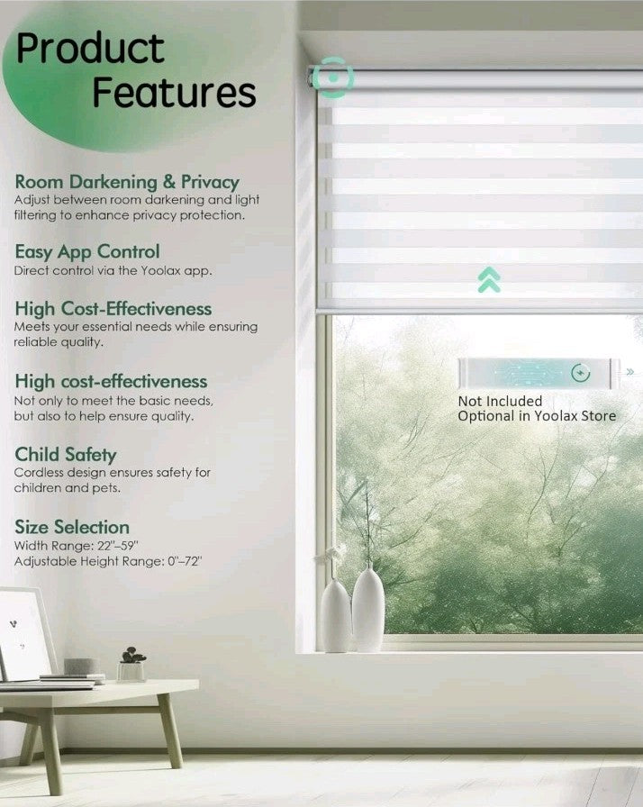 Smart Motorized Zebra Blinds No Drill White Blackout Dual Layer Shades 22x72"