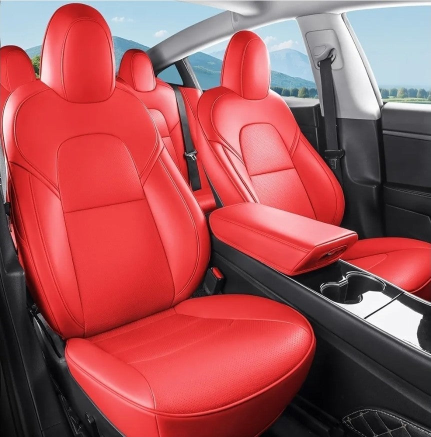 For 2017-2023 Tesla Model 3 Leather Full Set Seat Cover Front & Rear Cushion Red