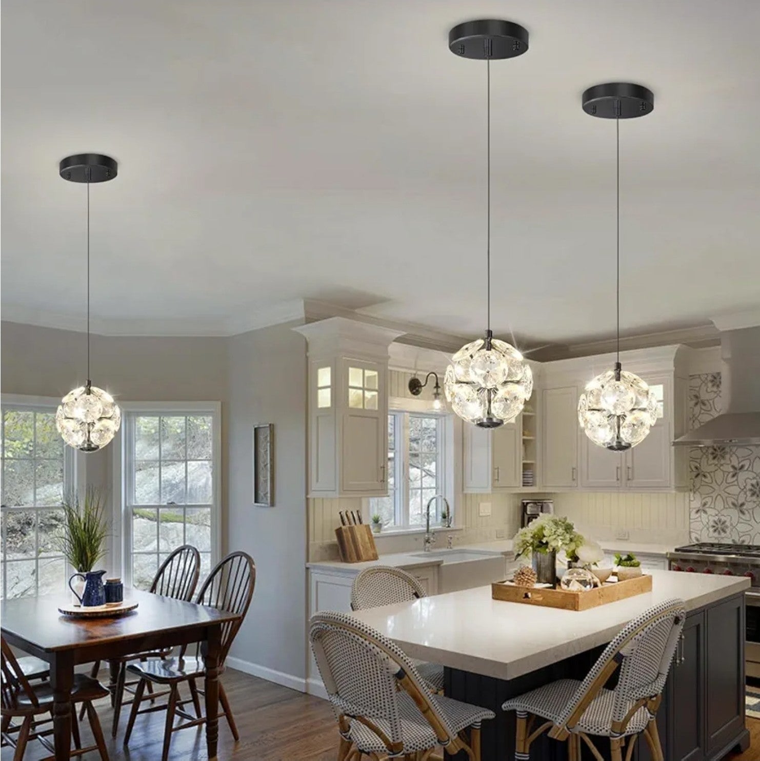Pendant Light Single Head Black Crystal For Kitchen Island Dining Foyer Entrance