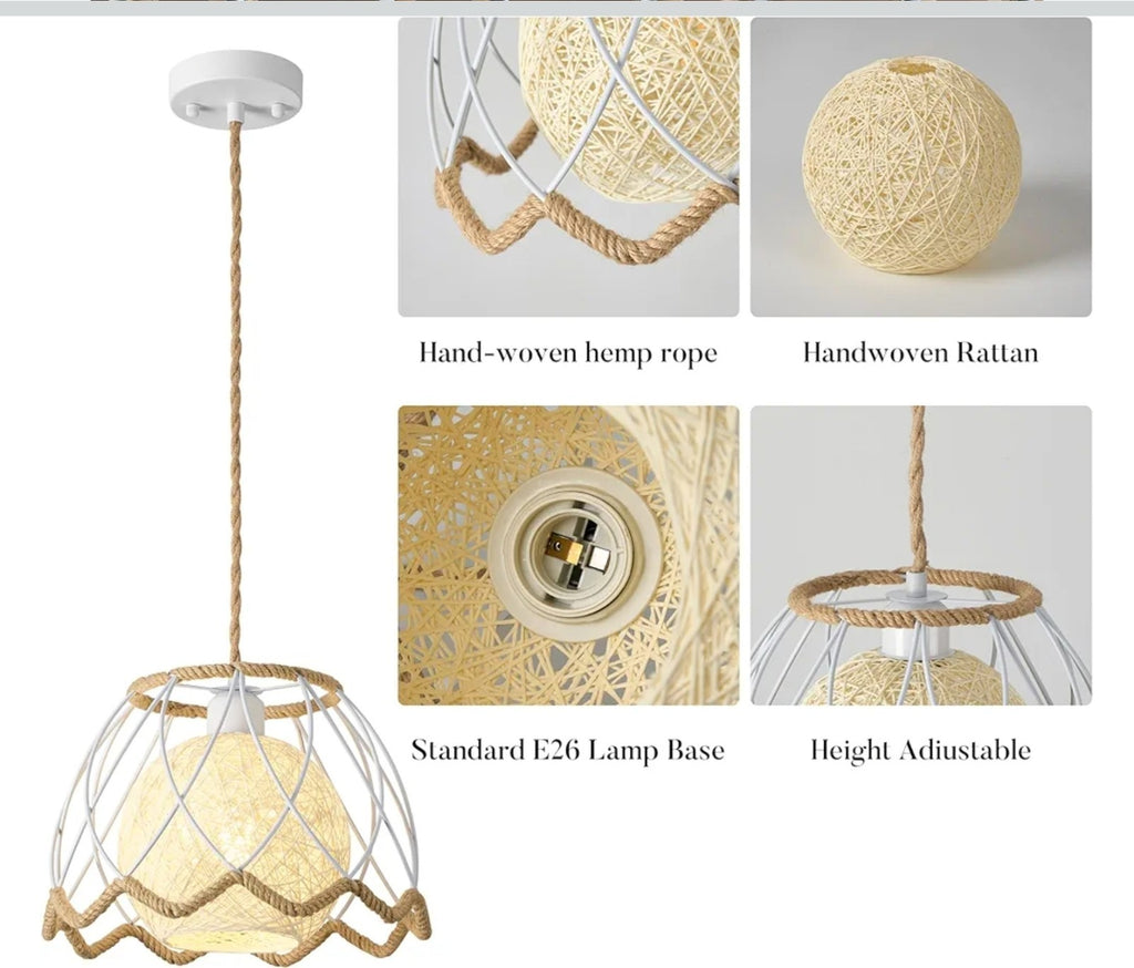 13'' Boho Rattan Pendant 1 Light Hand Woven Chandelier for Dining Room Fixture