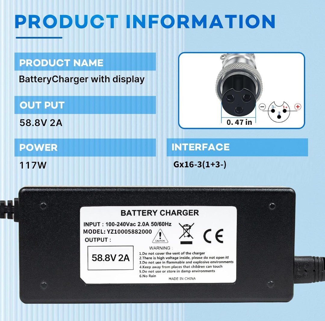 58.8V 2A Lithium Battery Charger for 52V Li-Ion Battery – GX16-3 3-Prong - Horizon Endless