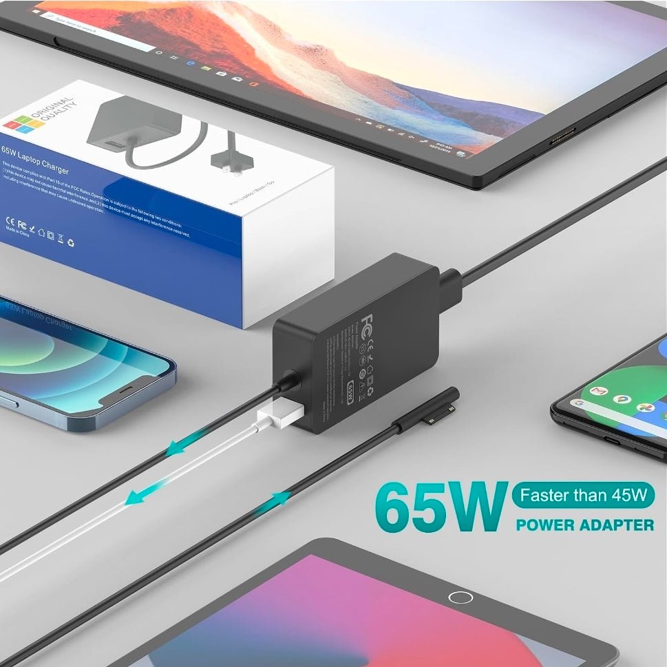 65W Charger Compatible with Microsoft Surface Pro 11, 10, 9, 8, 7+, 7, 6, 5, 4, 3, X, Power Adapter for Windows Surface Laptop 7/6/5/4/3/2/1, Go Tablet, Book 3/2/1, Support 44W, 36W, LED, 10FT - Horizon Endless