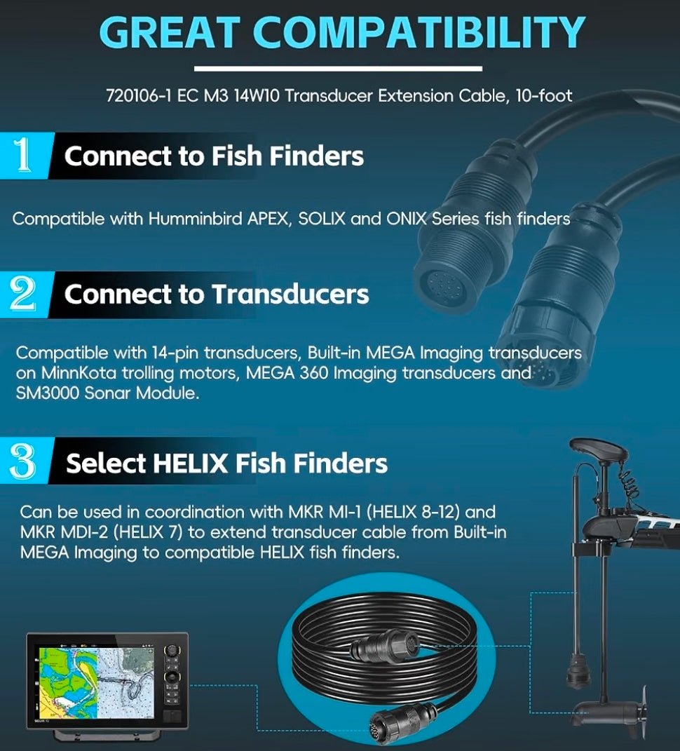 720106-1 EC M3 14W10 14-Pin Transducer Extension Cable, 10-feet For Humminbird XPLORE/APEX/SOLIX Series, All 14-pin transducer and Built-in MEGA Imaging On Select Minn Kota Trolling Motors - Horizon Endless
