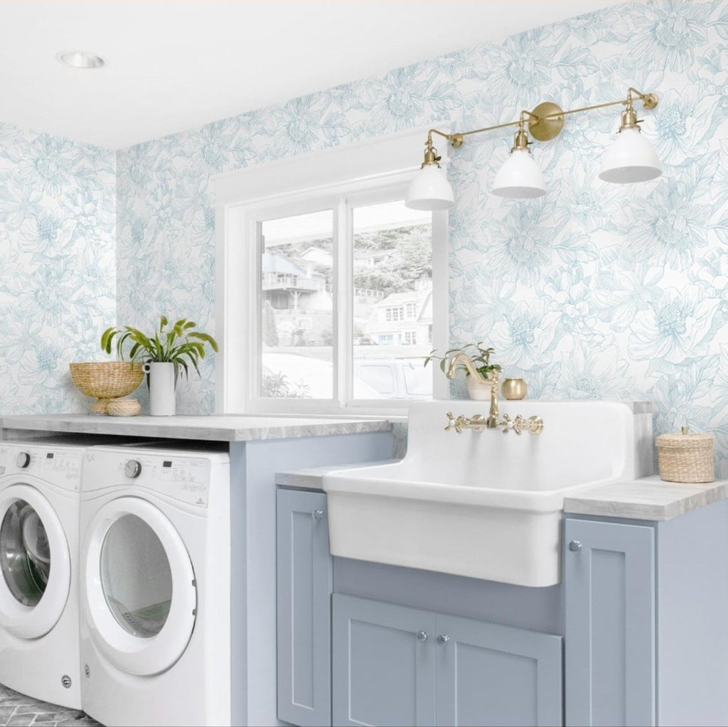 78.7"x17.3" Peel and Stick Wallpaper Blue Floral Paper Boho White Modern Wall... - Horizon Endless