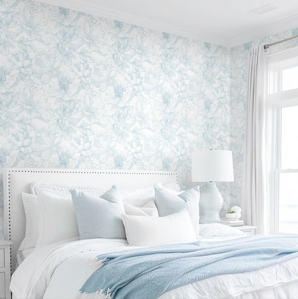 78.7"x17.3" Peel and Stick Wallpaper Blue Floral Paper Boho White Modern Wall... - Horizon Endless
