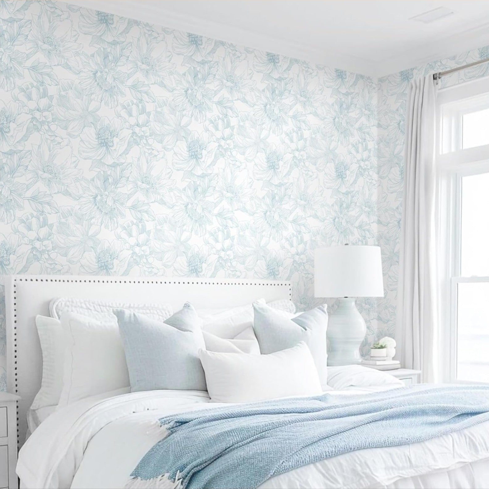 78.7"x17.3" Peel and Stick Wallpaper Blue Floral Paper Boho White Modern Wall... - Horizon Endless