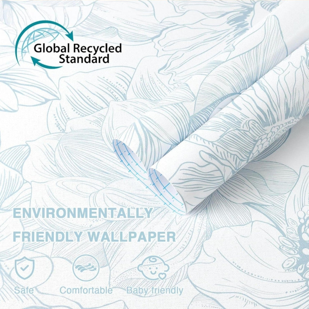 78.7"x17.3" Peel and Stick Wallpaper Blue Floral Paper Boho White Modern Wall... - Horizon Endless