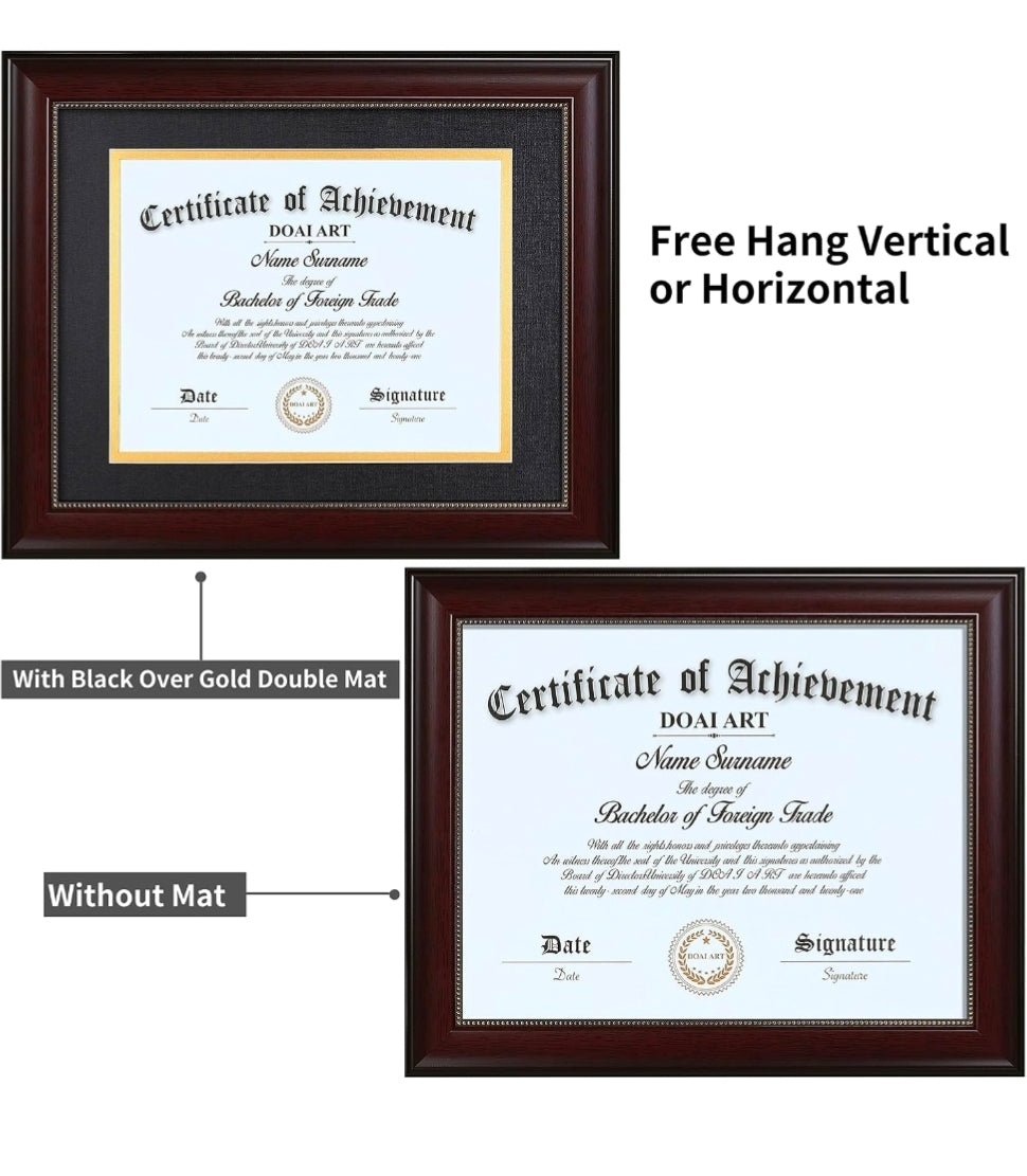 8.5x11 Diploma Frame with Black Over Gold Mat Classic Mahogany 8.5x11-inch or 11x14 Document &Certificate Without Mat,Wide Molding, Gold Beads Hanging Hardware Included - Horizon Endless