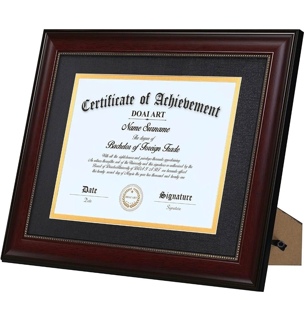 8.5x11 Diploma Frame with Black Over Gold Mat Classic Mahogany 8.5x11-inch or 11x14 Document &Certificate Without Mat,Wide Molding, Gold Beads Hanging Hardware Included - Horizon Endless
