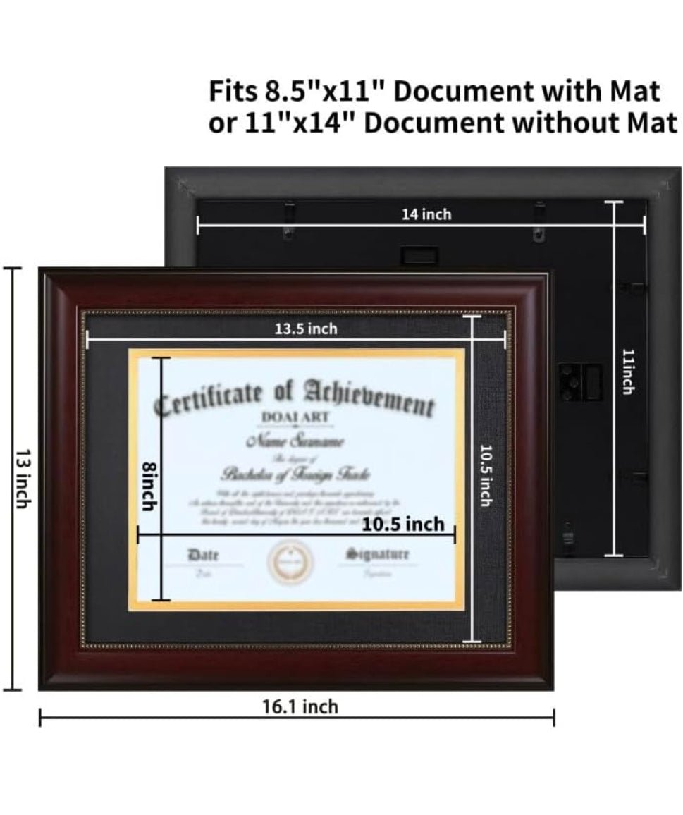 8.5x11 Diploma Frame with Black Over Gold Mat Classic Mahogany 8.5x11-inch or 11x14 Document &Certificate Without Mat,Wide Molding, Gold Beads Hanging Hardware Included - Horizon Endless