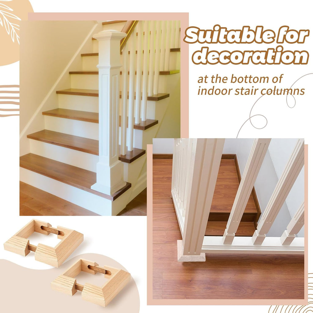3" Stair Post Base Cover – Red Oak Wood Finish with 2‑Pack Post Wrap | Deck Post Sleeve