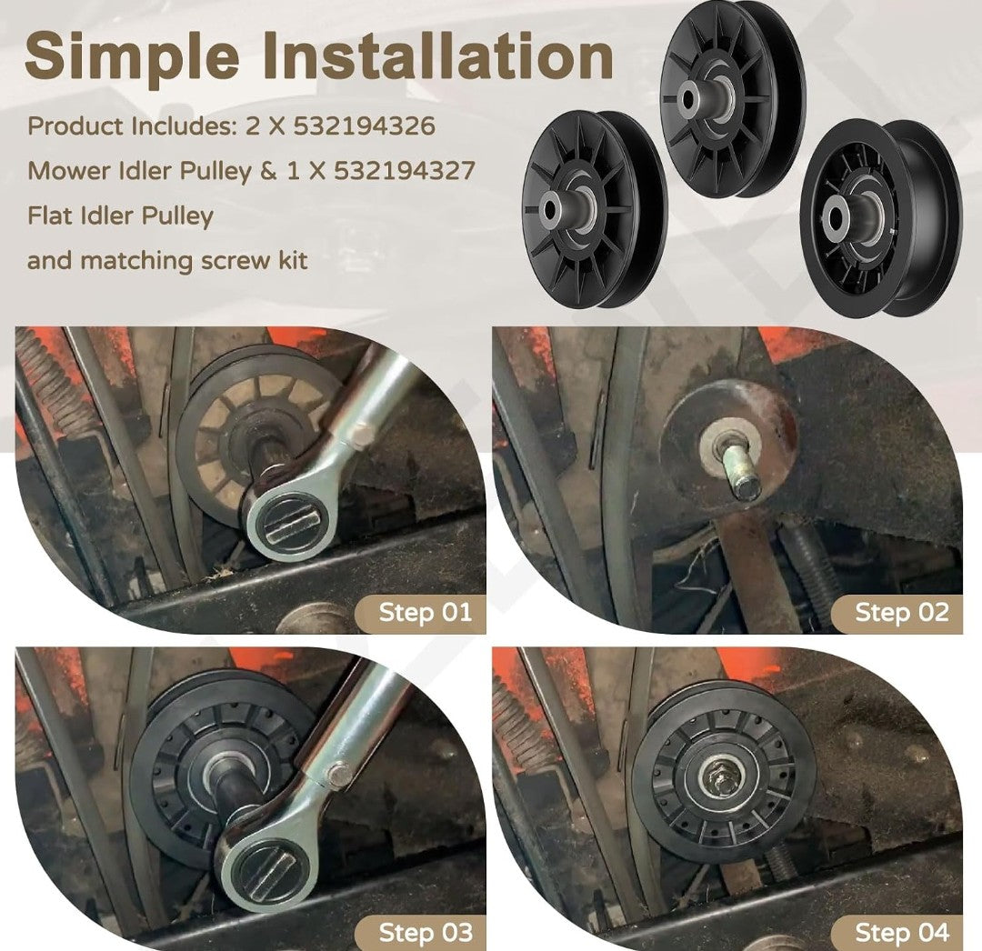Husqvarna Idler Pulley Kit – 532194326 V‑Groove & 532194327 Flat Pulley Replaces 280‑6630, 194327, 705080