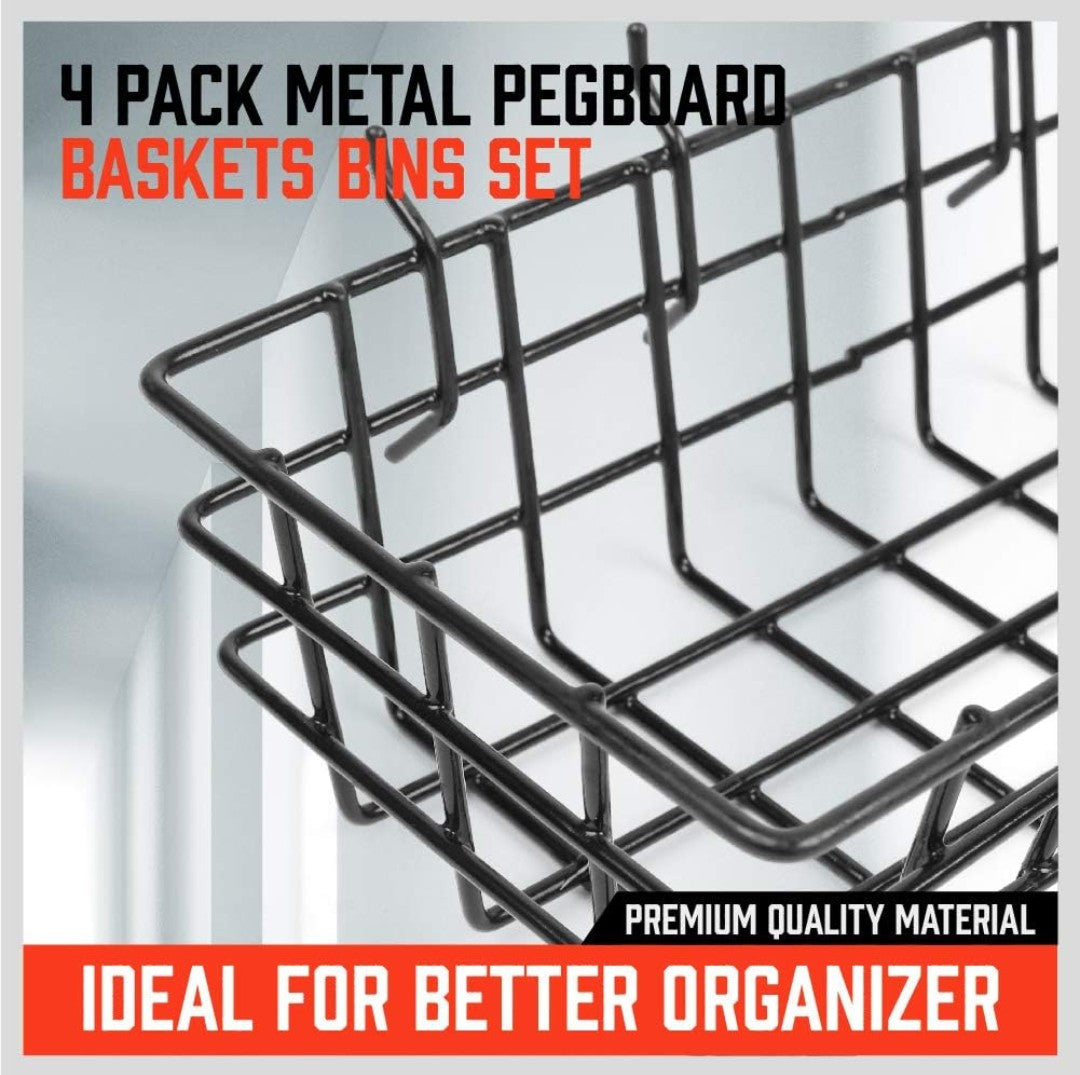 4-Pack Square Pegboard Baskets & Bins Set – 4 Sizes for Workbench & Tool Storage