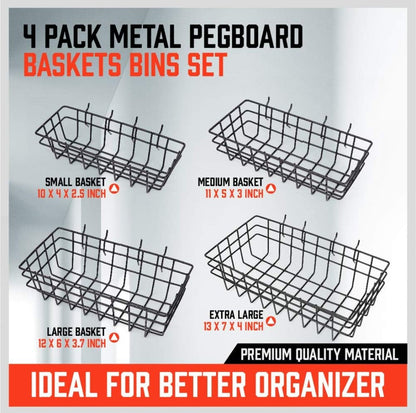4-Pack Square Pegboard Baskets & Bins Set – 4 Sizes for Workbench & Tool Storage