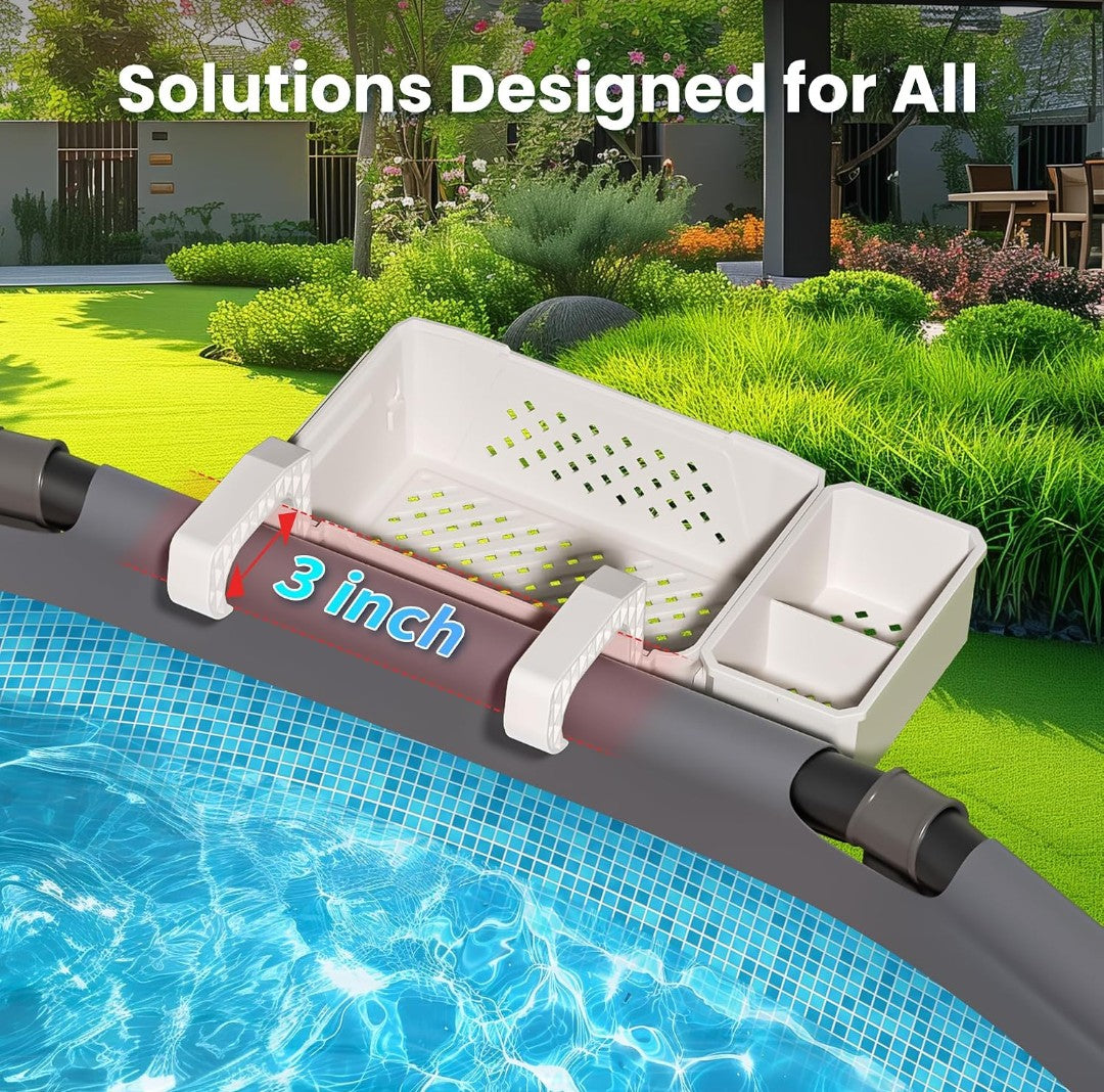 2-Pack Poolside Storage Baskets with Cup Holders for Above Ground Pools (Fits Up to 3" Top Rails) – Grey
