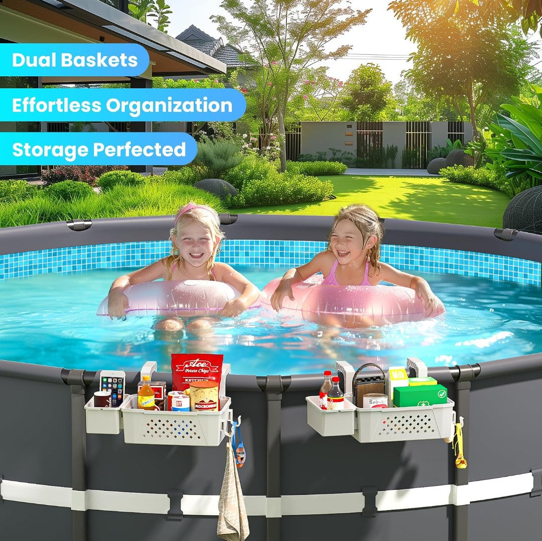 2-Pack Poolside Storage Baskets with Cup Holders for Above Ground Pools (Fits Up to 3" Top Rails) – Grey