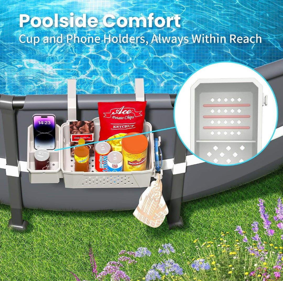 2-Pack Poolside Storage Baskets with Cup Holders for Above Ground Pools (Fits Up to 3" Top Rails) – Grey