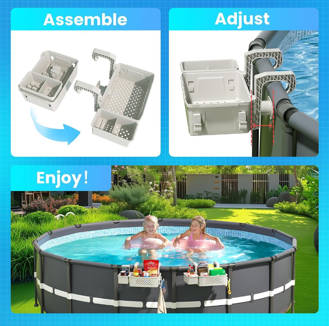 2-Pack Poolside Storage Baskets with Cup Holders for Above Ground Pools (Fits Up to 3" Top Rails) – Grey