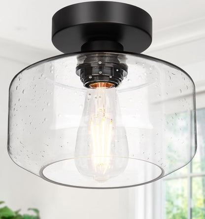 Industrial Farmhouse Semi-Flush Mount Ceiling Light – Black with Seeded Glass Shade