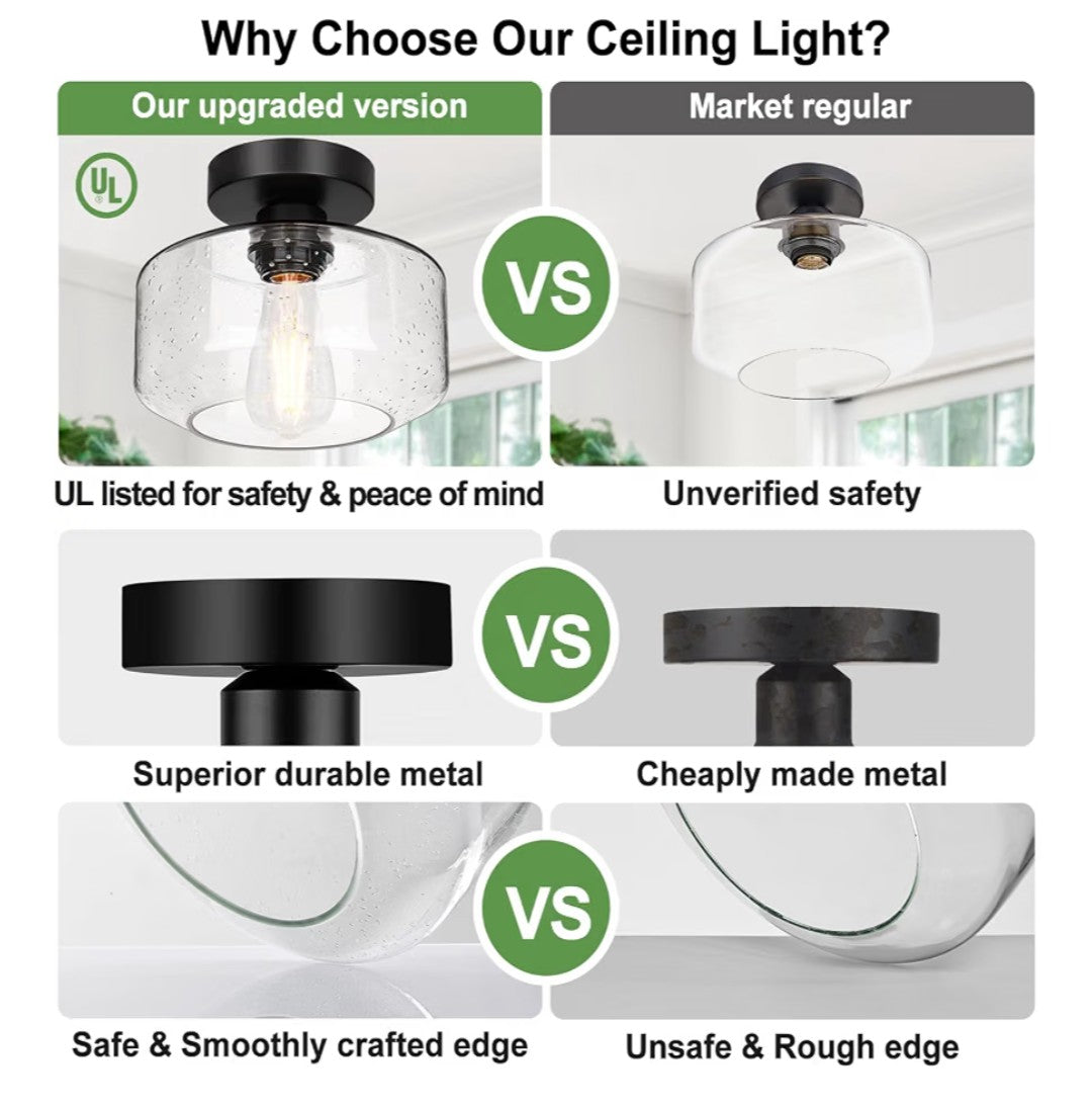 Industrial Farmhouse Semi-Flush Mount Ceiling Light – Black with Seeded Glass Shade