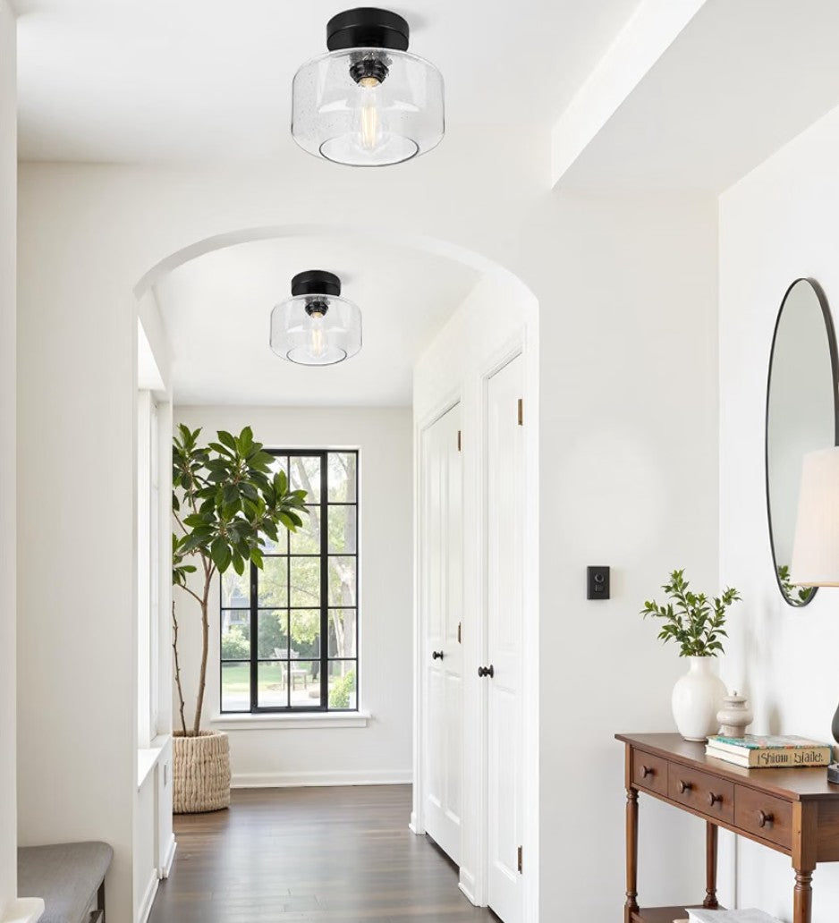 Industrial Farmhouse Semi-Flush Mount Ceiling Light – Black with Seeded Glass Shade