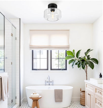 Industrial Farmhouse Semi-Flush Mount Ceiling Light – Black with Seeded Glass Shade