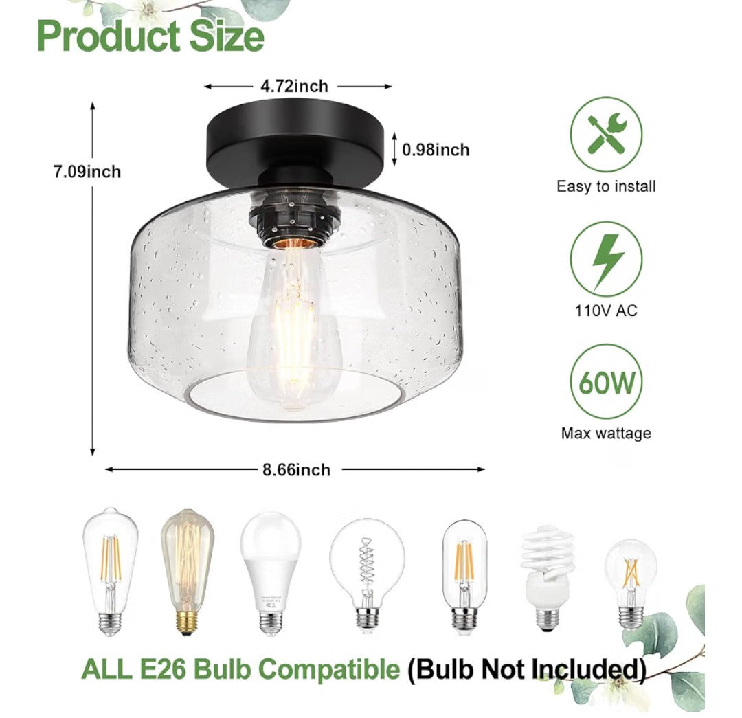 Industrial Farmhouse Semi-Flush Mount Ceiling Light – Black with Seeded Glass Shade