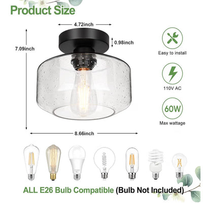 Industrial Farmhouse Semi-Flush Mount Ceiling Light – Black with Seeded Glass Shade