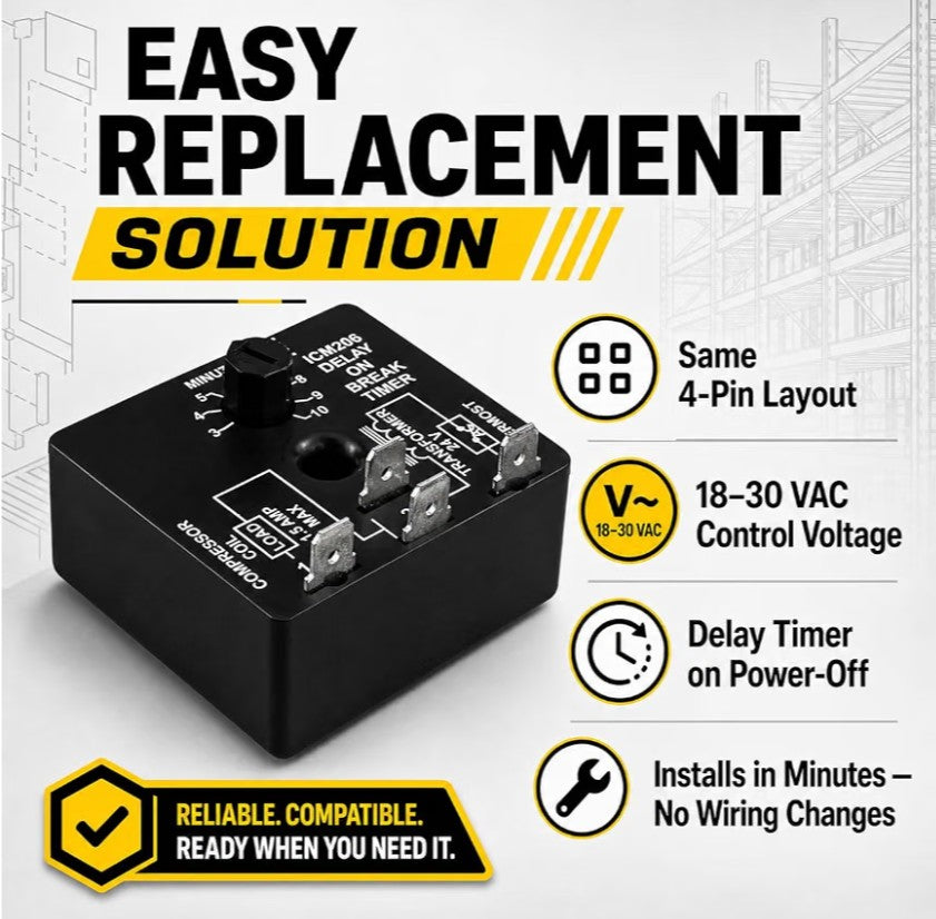 206B Delay-on-Break Timer – 3-10 Min Adjustable 18-30VAC Compressor Delay Module, ICM206B Replacement