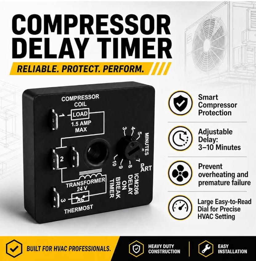 206B Delay-on-Break Timer – 3-10 Min Adjustable 18-30VAC Compressor Delay Module, ICM206B Replacement