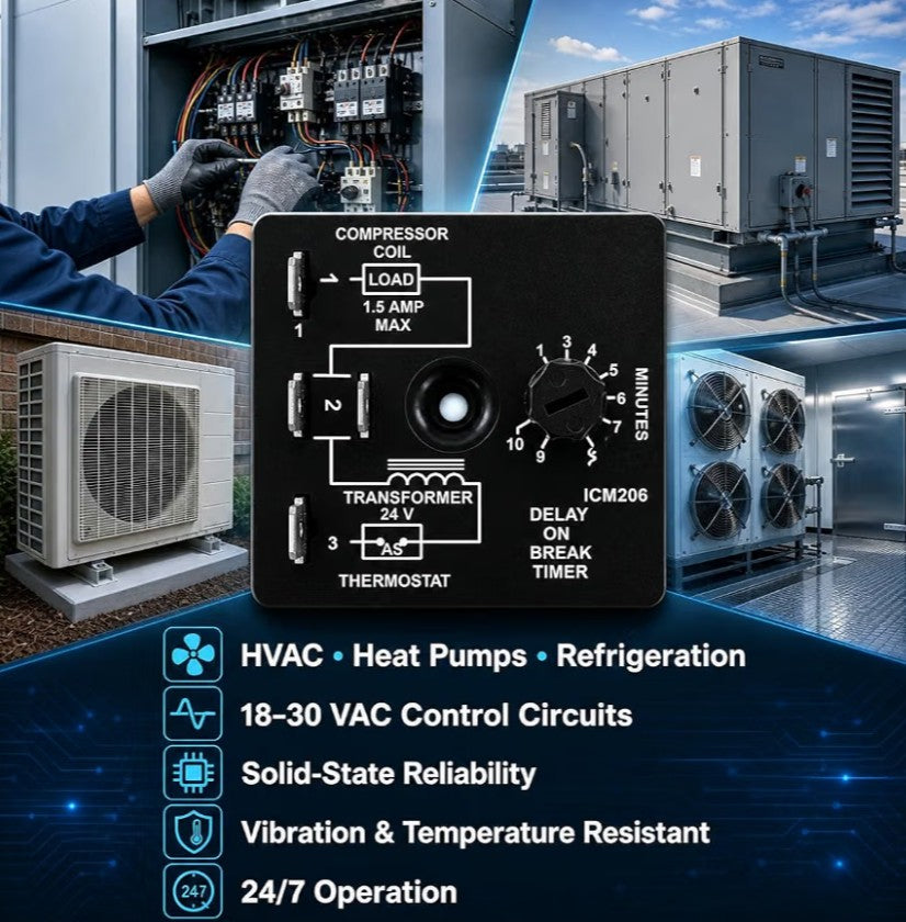 206B Delay-on-Break Timer – 3-10 Min Adjustable 18-30VAC Compressor Delay Module, ICM206B Replacement