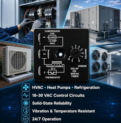 206B Delay-on-Break Timer – 3-10 Min Adjustable 18-30VAC Compressor Delay Module, ICM206B Replacement