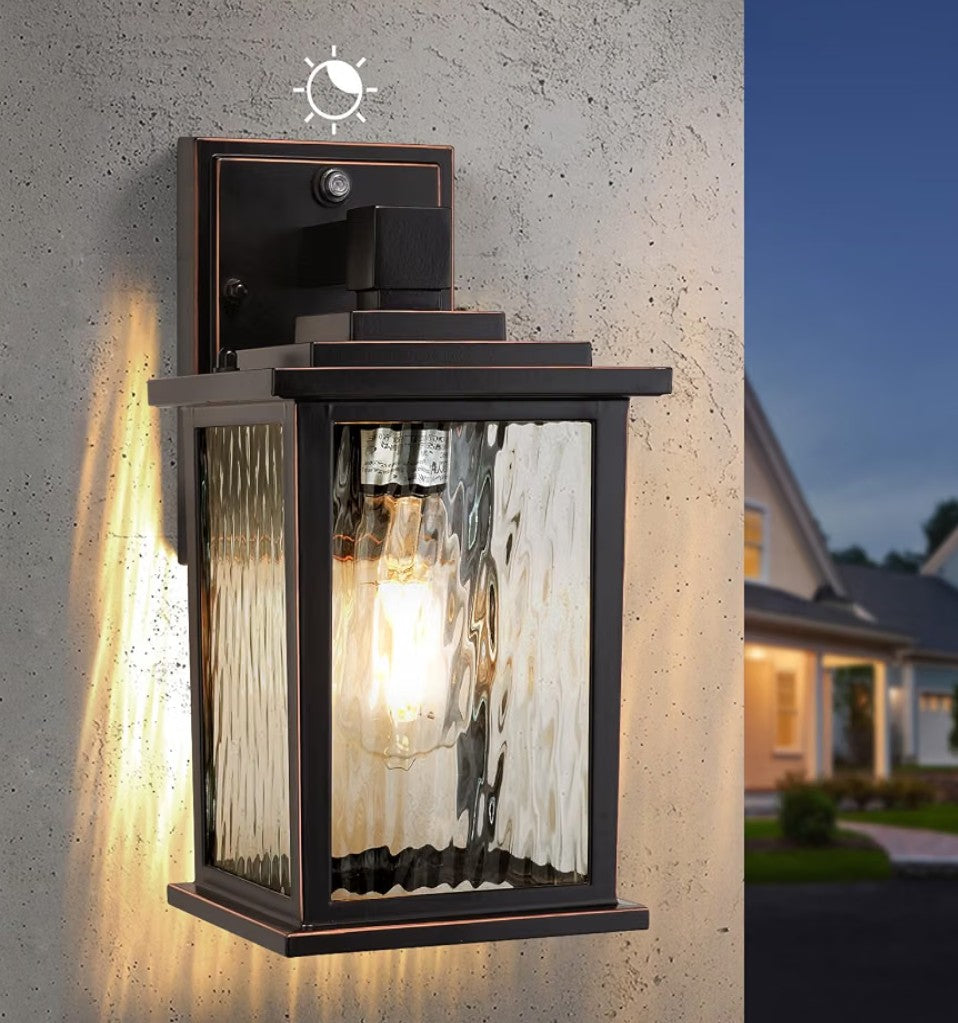 Dusk to Dawn Outdoor Wall Light Fixture | Oil-Rubbed Bronze Exterior Lantern with Water Ripple Glass