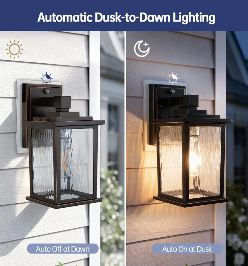 Dusk to Dawn Outdoor Wall Light Fixture | Oil-Rubbed Bronze Exterior Lantern with Water Ripple Glass