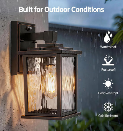 Dusk to Dawn Outdoor Wall Light Fixture | Oil-Rubbed Bronze Exterior Lantern with Water Ripple Glass