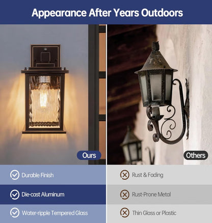 Dusk to Dawn Outdoor Wall Light Fixture | Oil-Rubbed Bronze Exterior Lantern with Water Ripple Glass