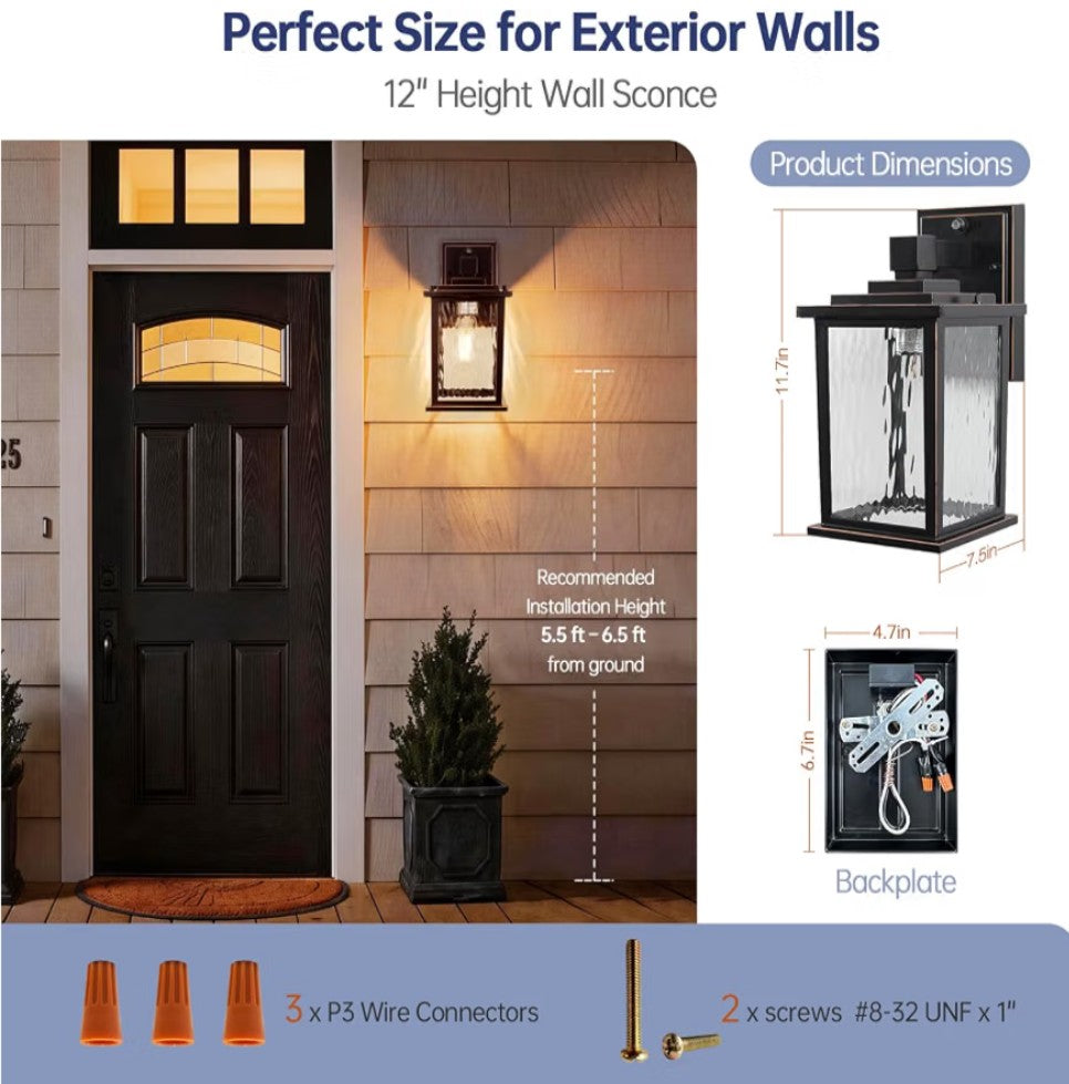 Dusk to Dawn Outdoor Wall Light Fixture | Oil-Rubbed Bronze Exterior Lantern with Water Ripple Glass