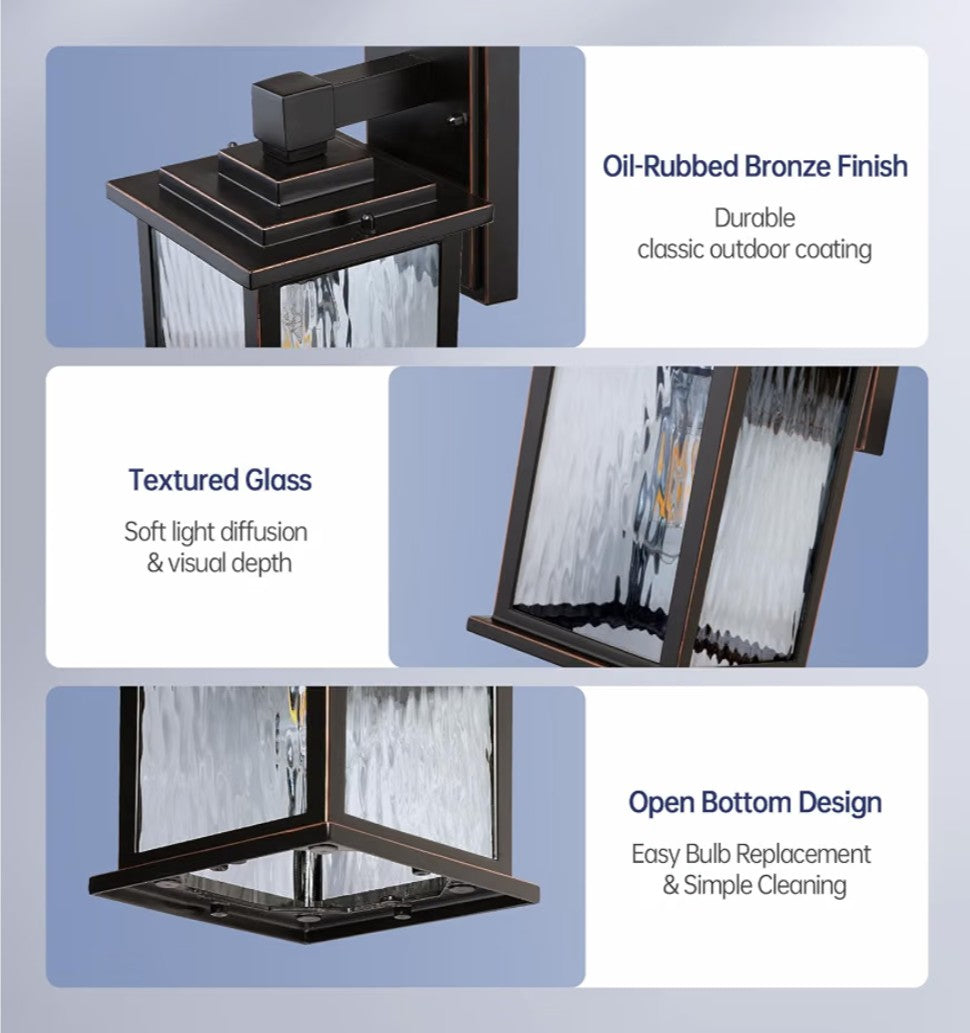 Dusk to Dawn Outdoor Wall Light Fixture | Oil-Rubbed Bronze Exterior Lantern with Water Ripple Glass