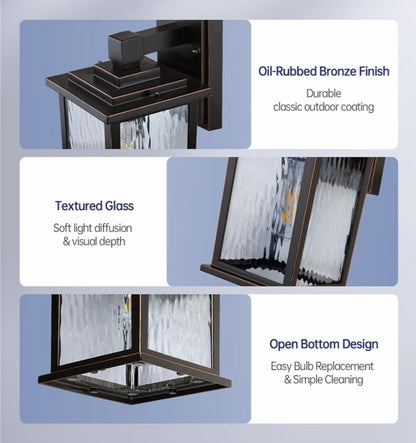 Dusk to Dawn Outdoor Wall Light Fixture | Oil-Rubbed Bronze Exterior Lantern with Water Ripple Glass